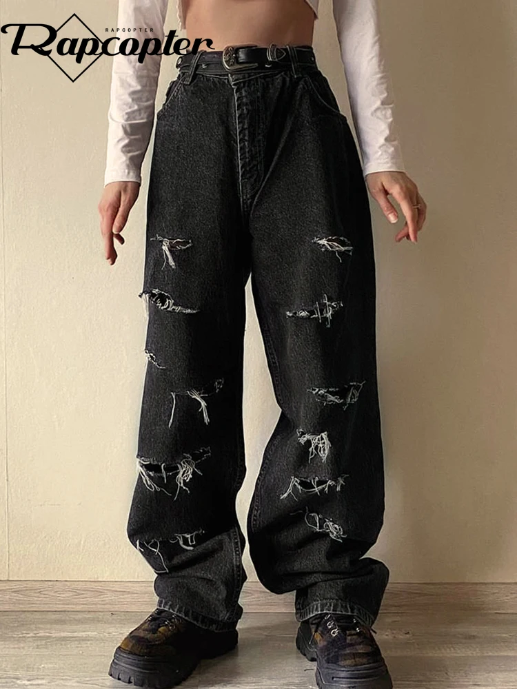 Рваные джинсы-карго Rapcopter Y2K, Черные Мешковатые брюки с высокой талией, модные спортивные брюки с бахромой в стиле ретро, женские панковские ...