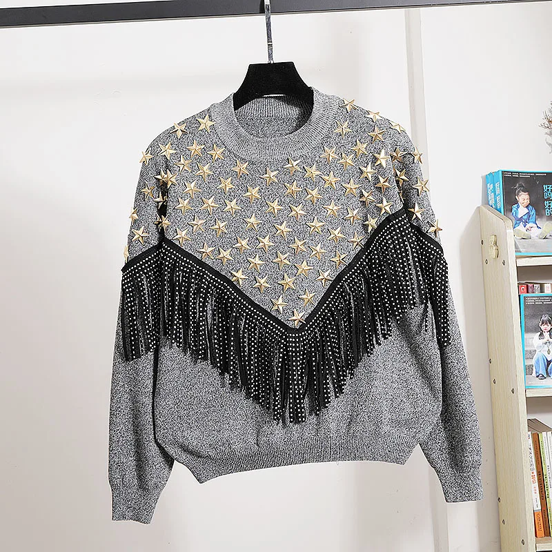 Модные черные серые вязаные наряды женский свитер с цепочкой и длинными рукавами