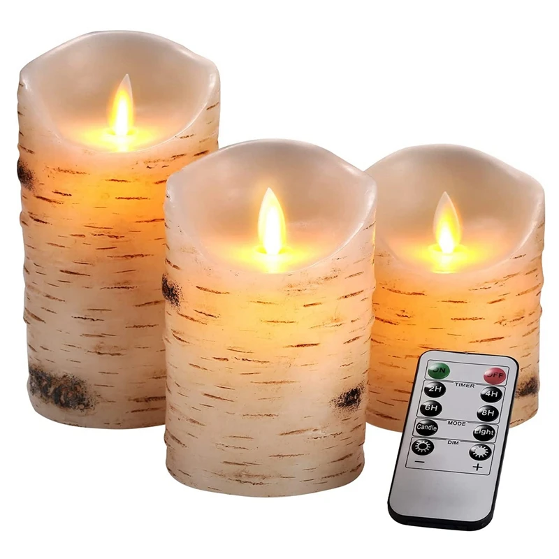 

Flameless Candles LED Candles Set Of 3 Birch Bark Effect Battery Operated Candles With Dancing LED Flame Remote Control