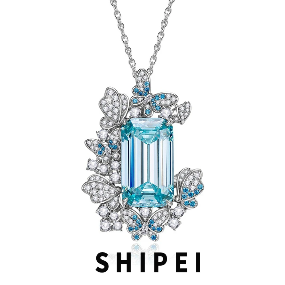 

SHIPEI Luxury 925 Sterling Silver Emerald Cut Blue Topaz White Sapphire Brooches/Pendant Necklace Dual Purpose Fine Jewelry Gift