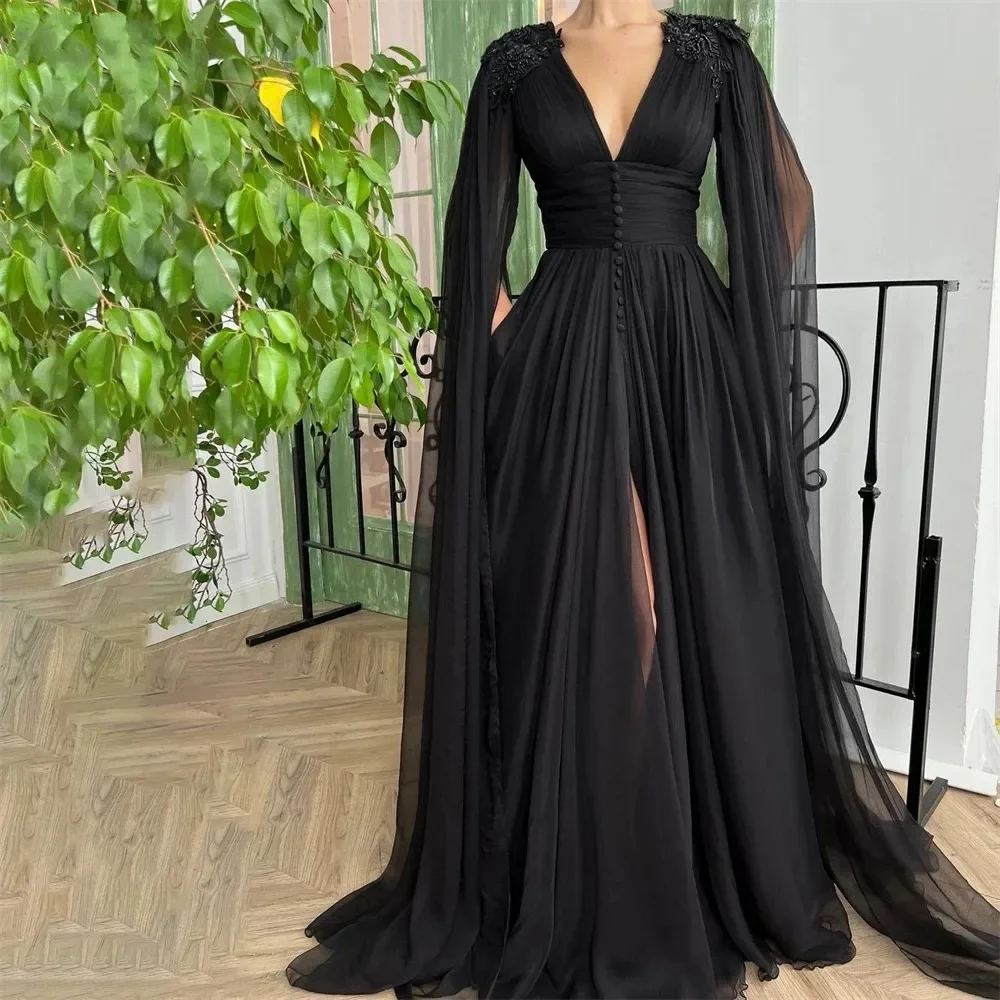 

Black V-Neck A-Line Formal Prom Dresses Cape Sleeves Beaded Buttons Vestidos De Festa Slit Evening Party Gown