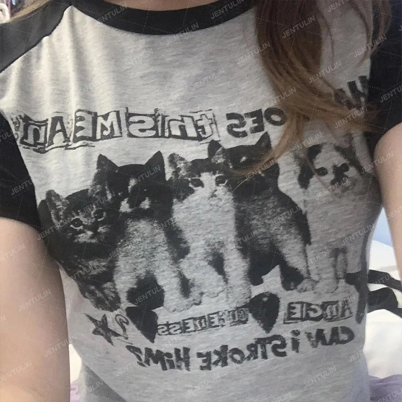 Винтажные укороченные топы для женщин Y2K Style Cute Cat Aesthetic Splice Grey Baby Tee Streetwear Goth Harajuku