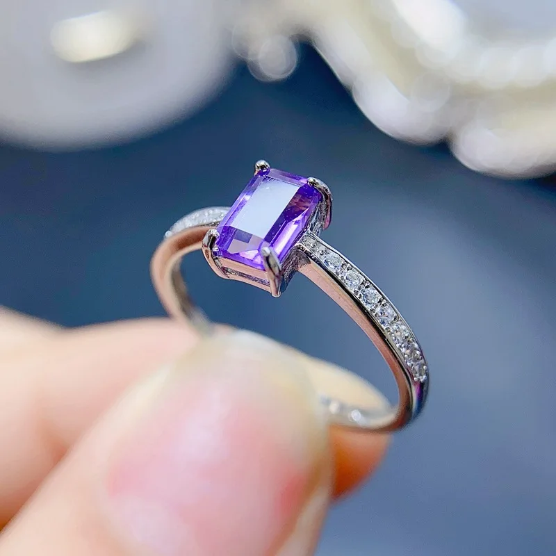 

MeiBaPJ Natural Amethyst Gemstone Fashion Rectangle Ring for Women Real 925 Sterling Silver Fine Party Jewelry