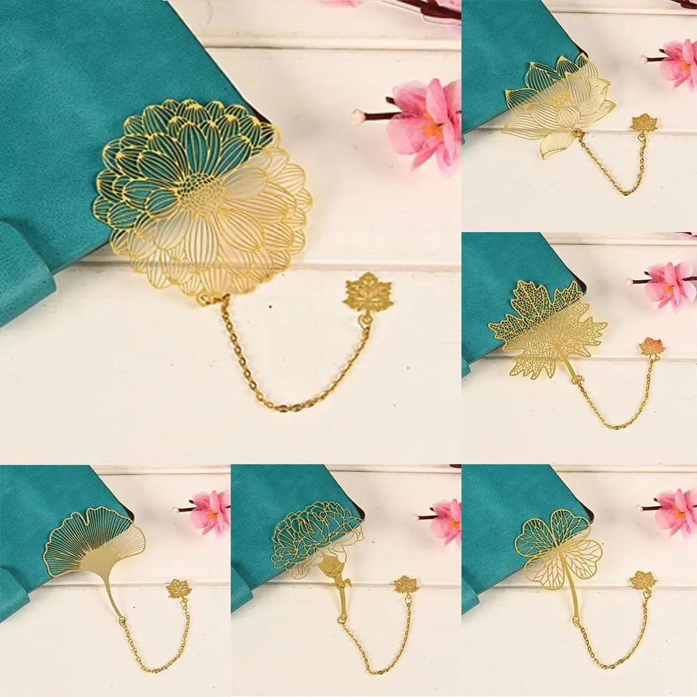 

Vintage Handmade Page Marker Pendant Tassel Metal Bookmarks with Chain Book Marker Leaf Bookmark Golden Hollow Bookmark