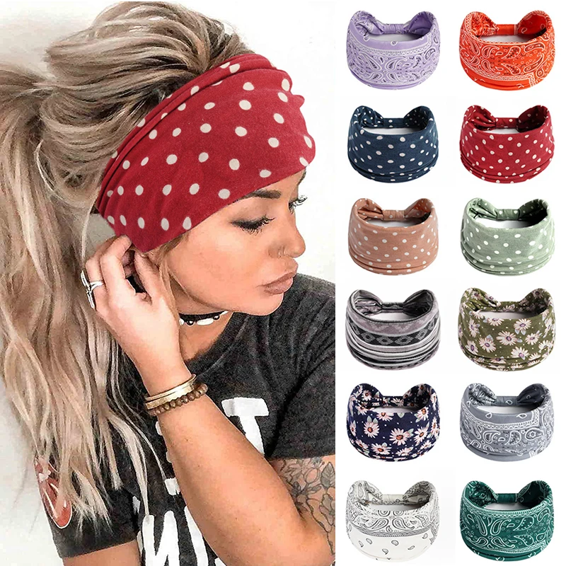 

Boho Wide Headbands for Women Knotted Elastic Hair Bands Girls Hair Accessories Yoga Running Travel Print Turban Headwrap