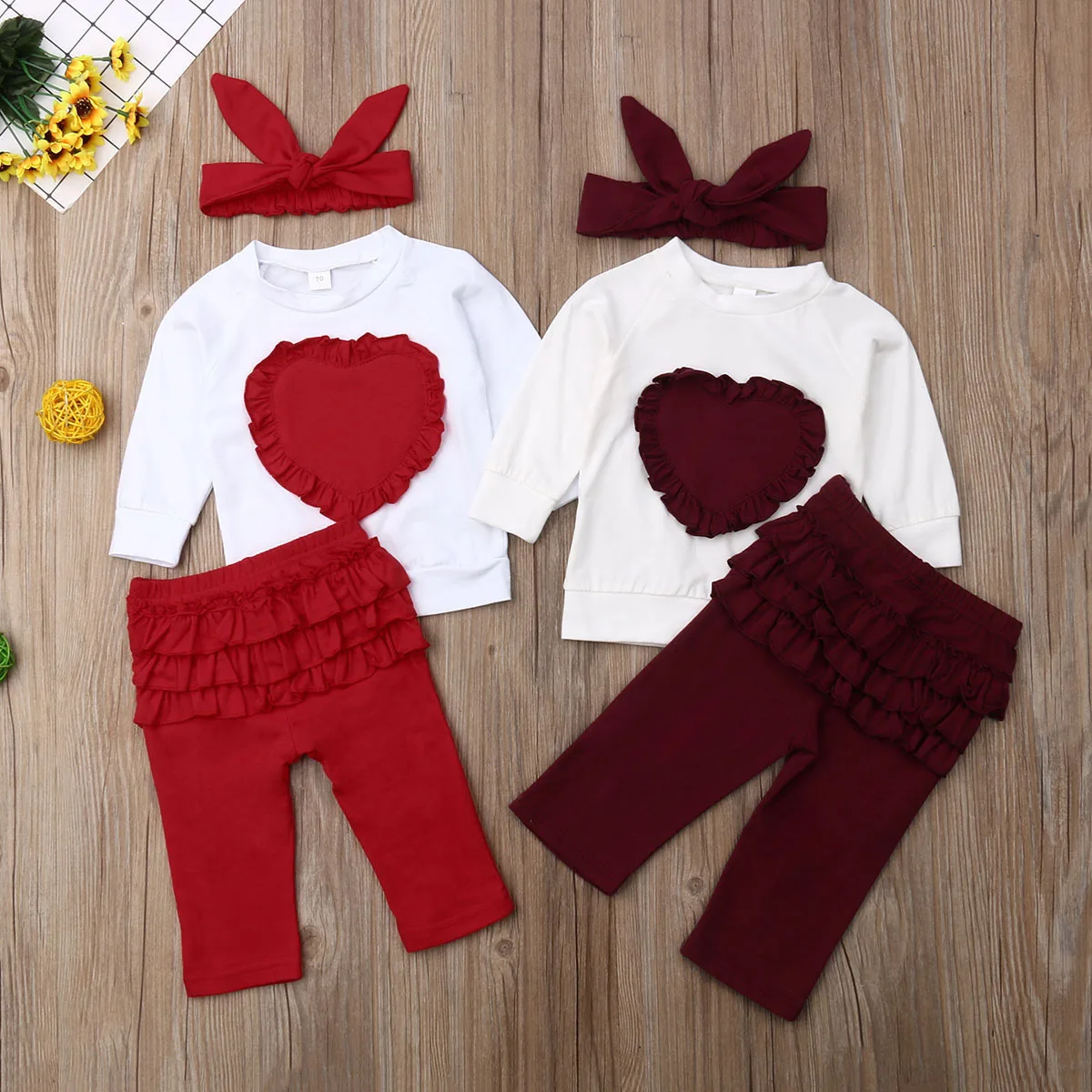 

Baby Girls Clothes Sets Heart Shape Pullover Tops T-Shirts Ruffle Pants Headband 0-3Y Newborn Infant Toddler Spring Fall Outfits