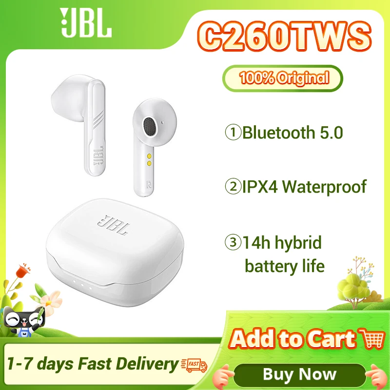 

JBL C260TWS True Wireless Earbuds Bluetooth 5.0 TWS Stereo Earphones Pure Bass Sound Headphones Sport Headset Mic Charging Case
