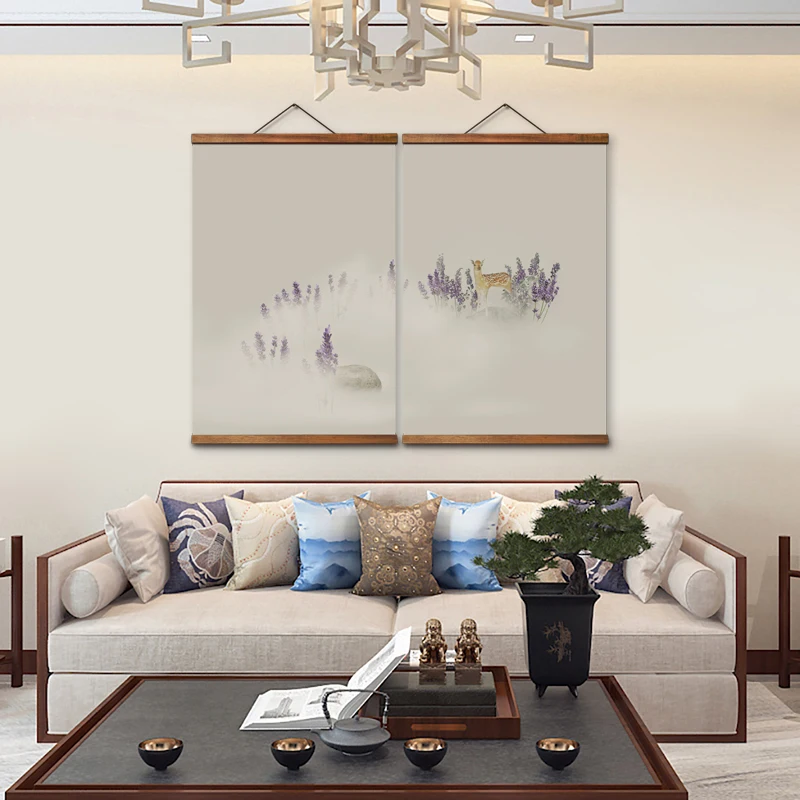 

Настенные постеры AS3085 в китайском стиле с цветами и оленем для гостиной, художественные постеры на холсте, китайские картины из твердой древесины с прокруткой