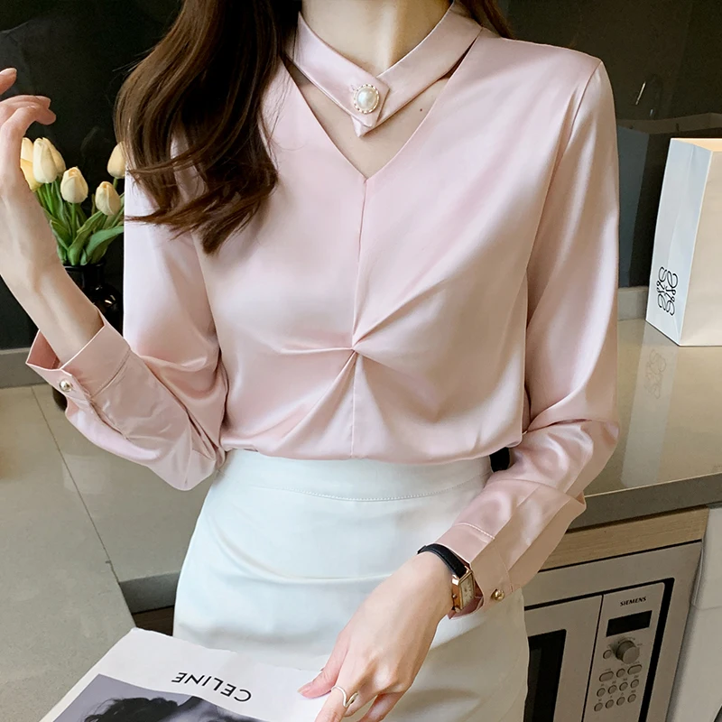 

Fashion Woman Blouses 2022 Women's Elegant Blouses Bead Button Women Tops V-Neck Sexy Blouse Office Lady Basic Female Clothing