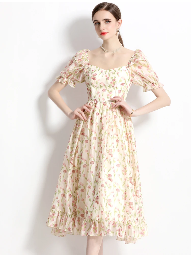

Женское модельное платье с цветочным принтом, элегантное платье принцессы с оборками, женское платье с коротким рукавом и высокой талией, праздничное платье