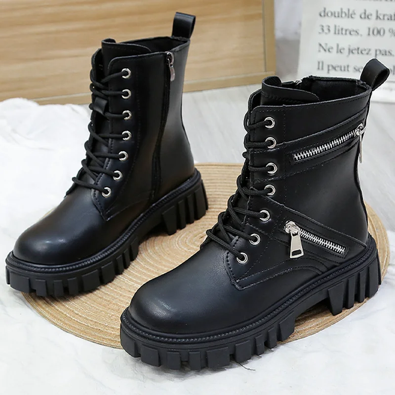 

Autumn New Style PU Fashion Thick-soled Zipper Women's Short Boots Round Toe Square Heel Thick-soled Casual Women's Ankle Boots