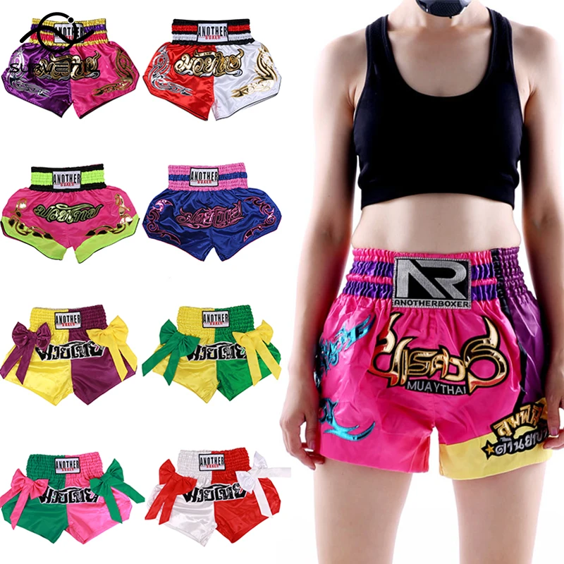 Купи Boxing Shorts Womens Muay Thai Shorts with Bow Satin Polyester Embroidery Kickboxing Pants Kids Girls Female Fight MMA Clothing за 1,111 рублей в магазине AliExpress