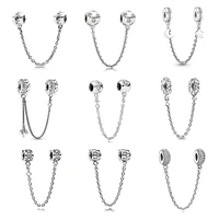 jewelry 100% 925 Sterling Silver pan Fit 1:1 charm Silver star bow love flower drop star clear beads CZ safety chain