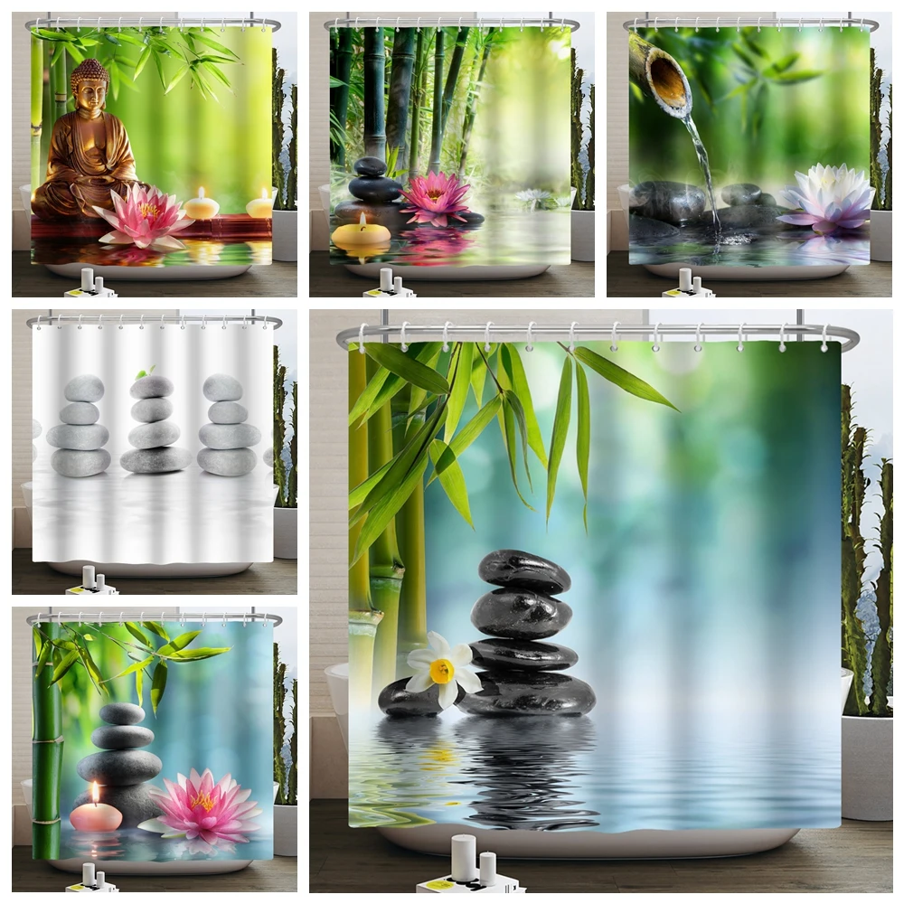 

Zen Spa Lotus Japanese Meditation Buddha Shower Curtain Natural Scenery Creek Stone Candles Bamboo Waterproof Bathroom Curtain