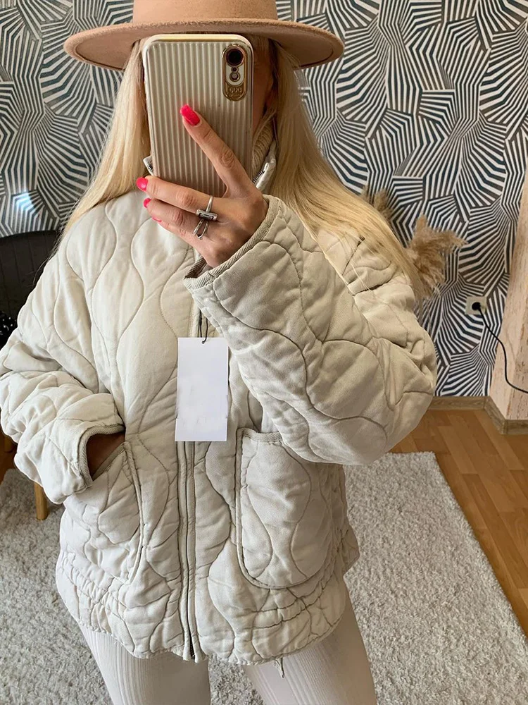 TRAF Cotton Coat Women's 2023 Winter Fashion Pocket Drawstring Warm Vintage Long Sleeve Zipper Female Outerwear Tops Jacket