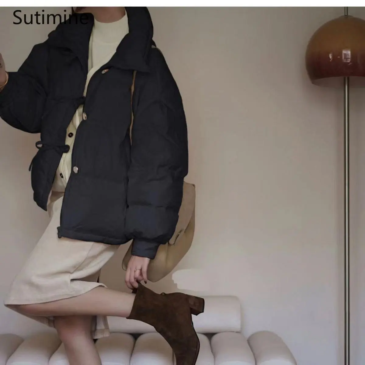 Winter Clothes Women Office Lady Button Down Cotton Jacket Fashion Coat Stand Collar Short Cotton Jacket Pockets Winter Coat