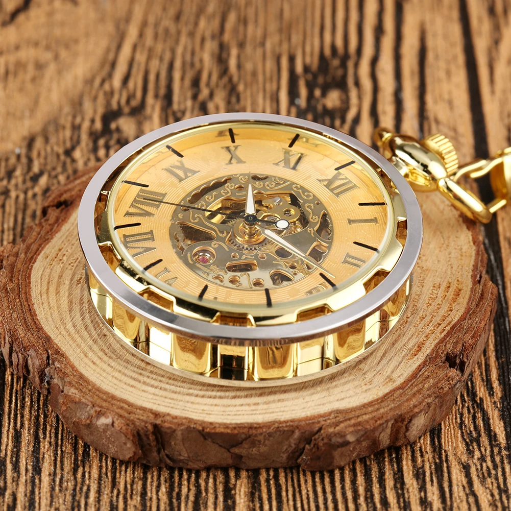 Open Face Silver Gold Skeleton Manual Mechanical Pocket Watch Roman Numerals Display Hand-Wind Pendant Pocket Clock Vintage Gift