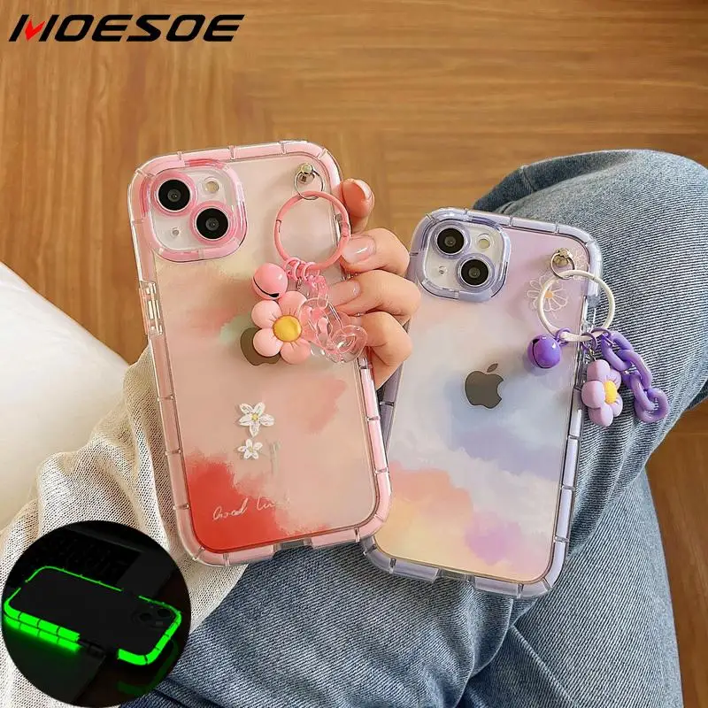 

Colorful Luminous Phone Case For iPhone 13 Pro Max 12 11 Pro Xs Max XR X Shockproof Armor Bumper Cover with Floral Pendant