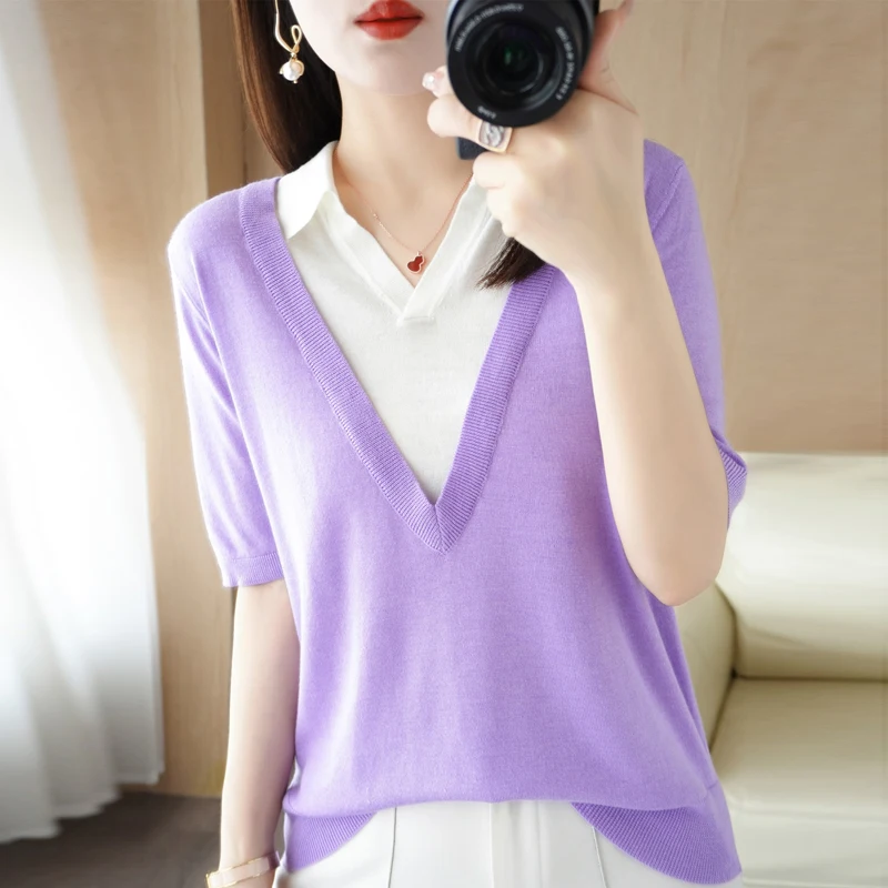2022 New lapel short-sleeved women's T-shirt solid color knitted wild summer wool sweater thin pullover promotion S-XXL |