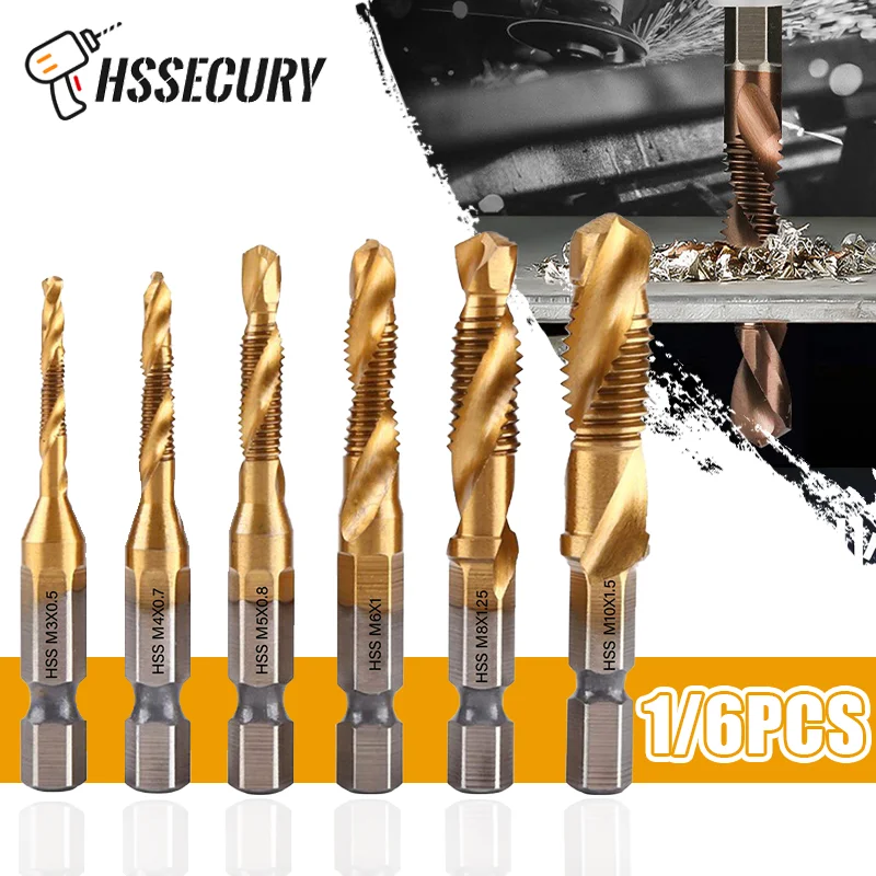 1Pcs/6Pcs Titanium Plated Hex Shank HSS Screw Thread Metric Tap Drill Bits Machine Compound M3 M4 M5 M6 M8 M10 Hand Tools - купить по