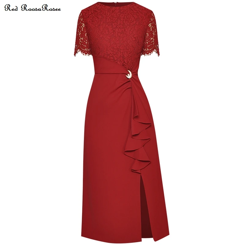 

Red RoosaRosee Ruffles Patchwork O-neck Collar Short Sleeve Split Pencil Dress 2022 Summer Wemen Designer Vestidos Robe Femme