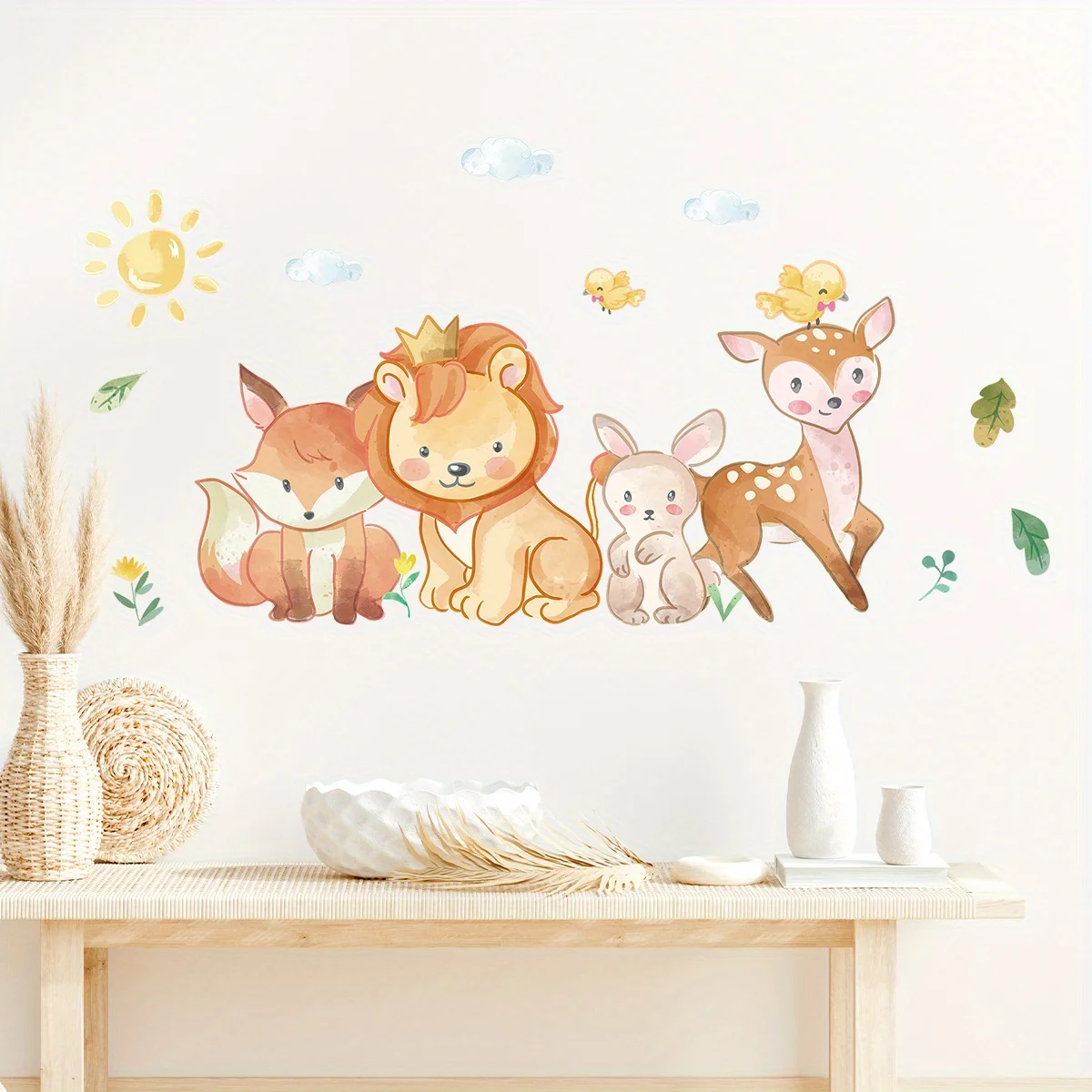 Набор Наклеек На Стену С Мультяшными Животными - Лев Олень Лиса Кролик Солнечный