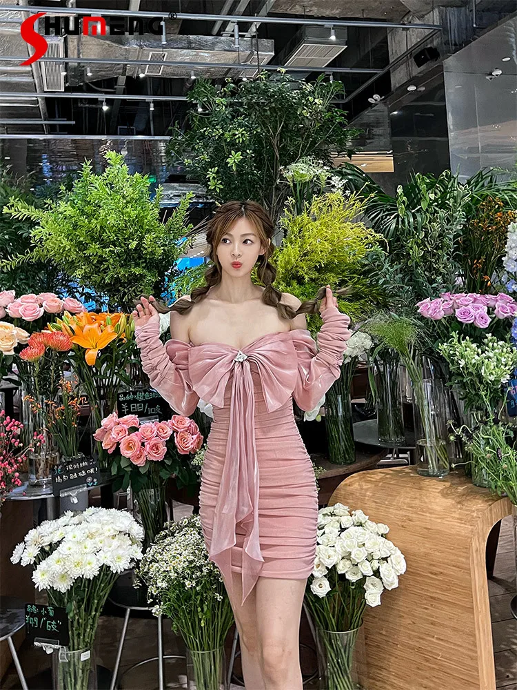 

Sexy Off-shoulder Collar Strapless Pink Short Dresses Ladies 2023 Summer New Sweet Bow Long Sleeve Birthday Mini Dress for Women