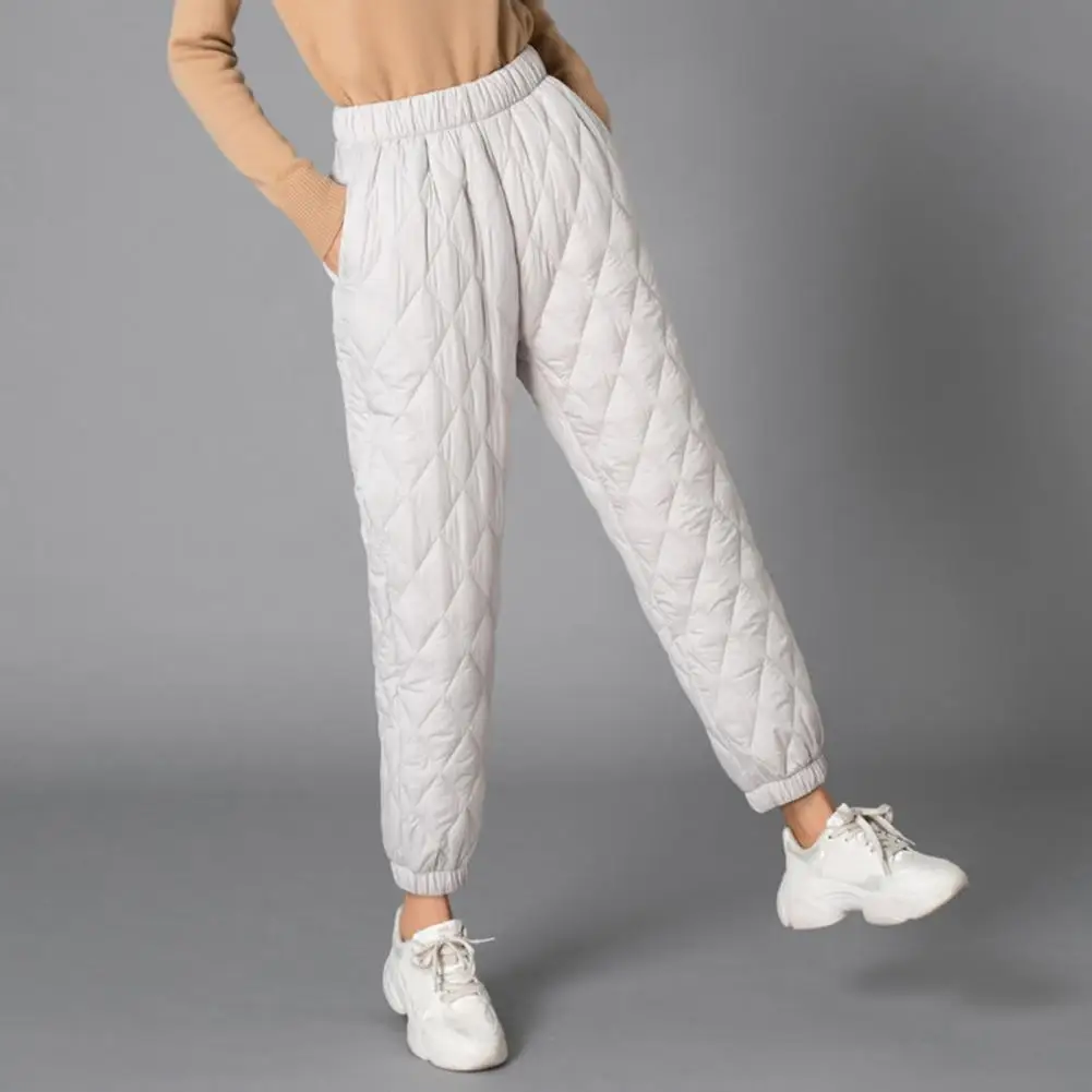 

Women's Pants Side Pockets Elastic Waist Ribbed Elastic Cuffs Solid Color Trousers Casual Warm Padded Rhombus Quilted Trousers