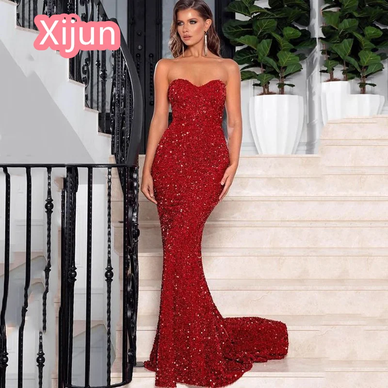 

Женское вечернее платье-русалка без рукавов, с блестками