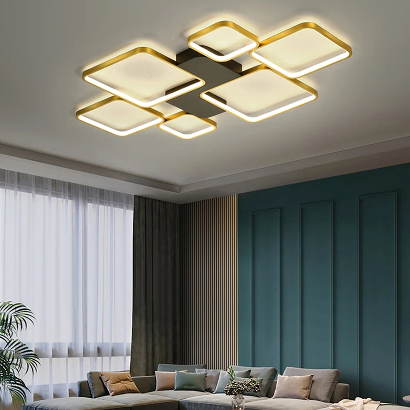 New Modern Led Chandelier For Living Room Bedroom Office Kitchen Home Ceiling Lamp Golden Rectangle Design Remote Control Light