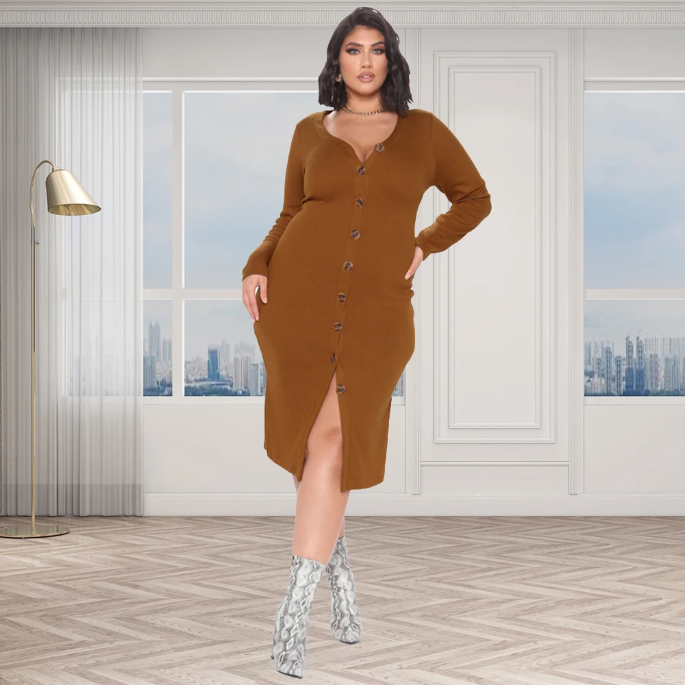 

Urban Plus Size Women Clothing Sexy V Neck Long Sleeves Single Breasted Cardigan Solid Color Thread Fashion Dress Wholesale