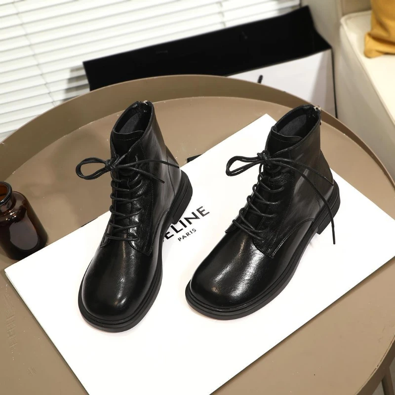 Martin Boots Women's English Style Autumn Gentle Apricot Short Boots Flat Toe Boots Lacing Square Toe Ankle Boots