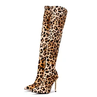 bikinikey hot autumn and winter new sexy night club leopard print knee length boots pointed high heels large womens boots