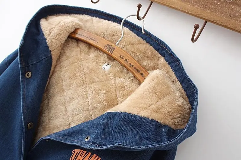 Fleece Thickened Hooded Denim Jacket Cartoon Print Single Breasted Denim Parkas Jacket Women's Vintage Washed Denim Jacket Coat