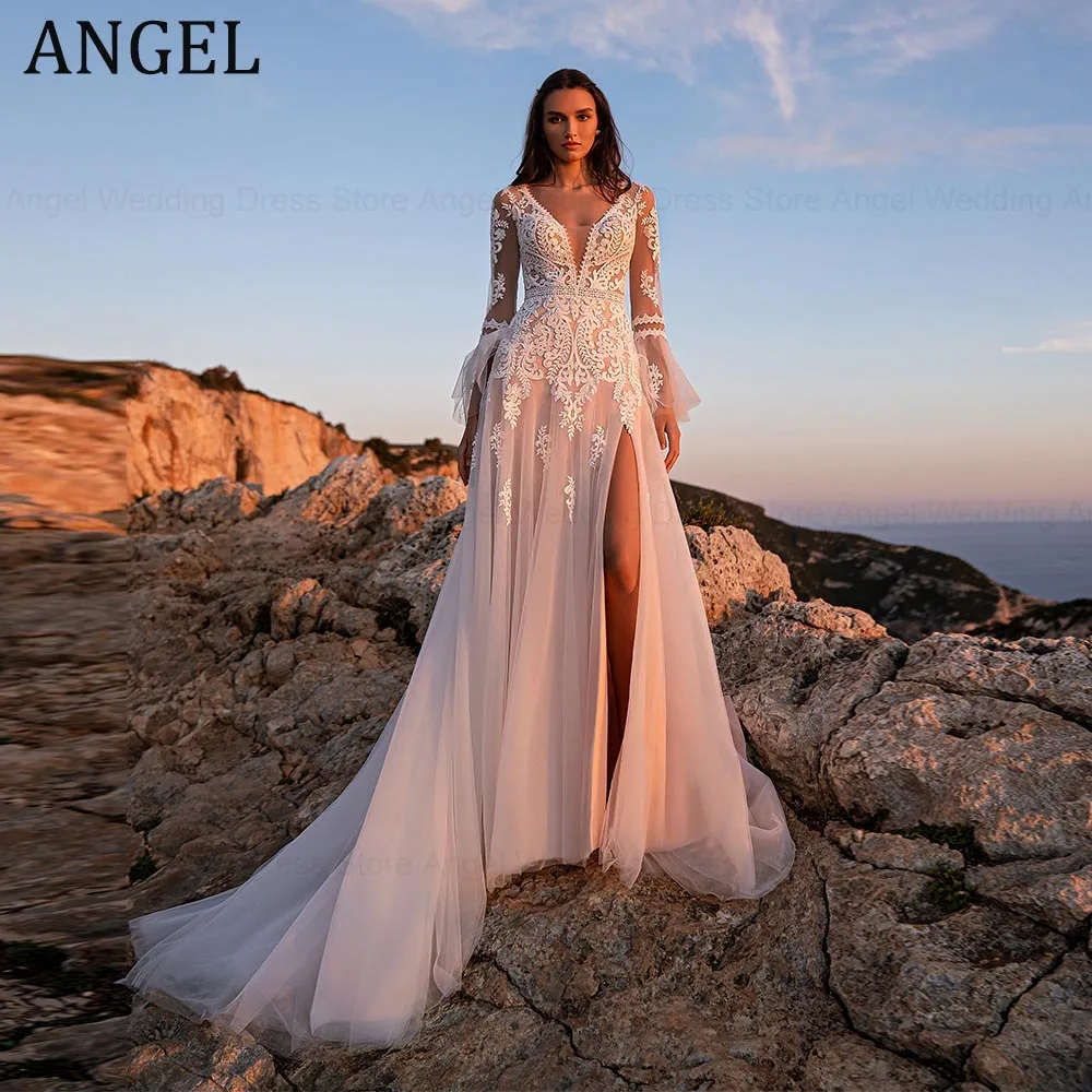 Фото ANGEL пляжное свадебное платье с длинными рукавами по индивидуальному заказу, v-образным вырезом, кружевной аппликацией, платье невесты с разрезом по бокам, тюль трапециевидной формы, Vestidos De Novia №1