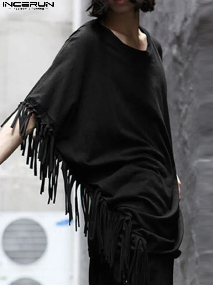 

Men T Shirt Tassel Solid Color Cloak Punk Style Streetwear Fashion Irregular Tops O-neck Loose Casual Cape Camisetas INCERUN 7