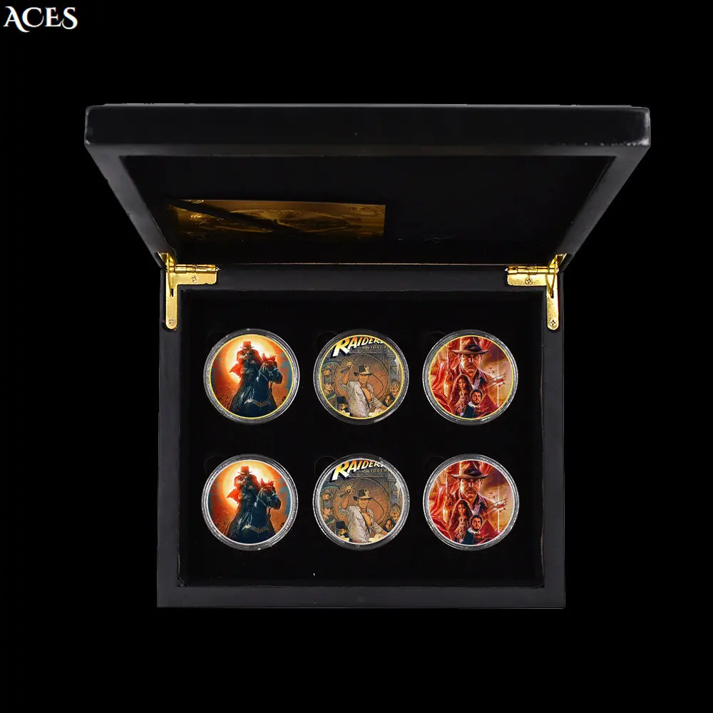 

6pcs Indiana Jones Coin with Wooden Box Spielberg Classic Movie GOLD/silver Coin Collectibles Us Coins In Capsule