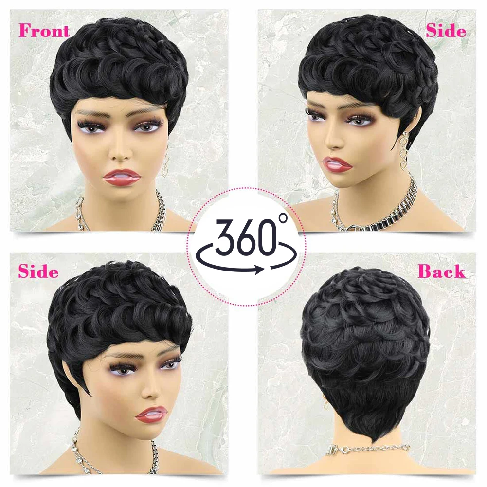 Short Pixie Cut Human Hair Wigs Brazilian Remy Hair Short Curly Layered Wavy Wigs For Black Women 150% Density Natural Black Wig