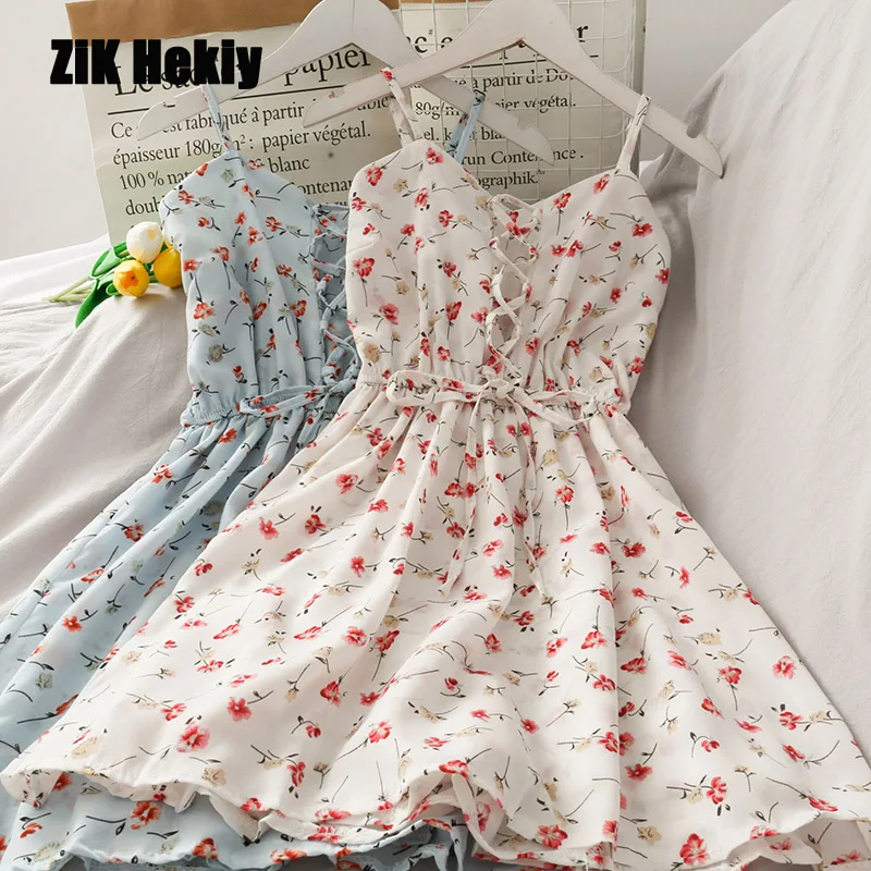 

Zik Hekiy Women Spring And Summer New Floral V-Neck Lace-Up Dress High Waist Temperament Sexy Suspender Skirt Women