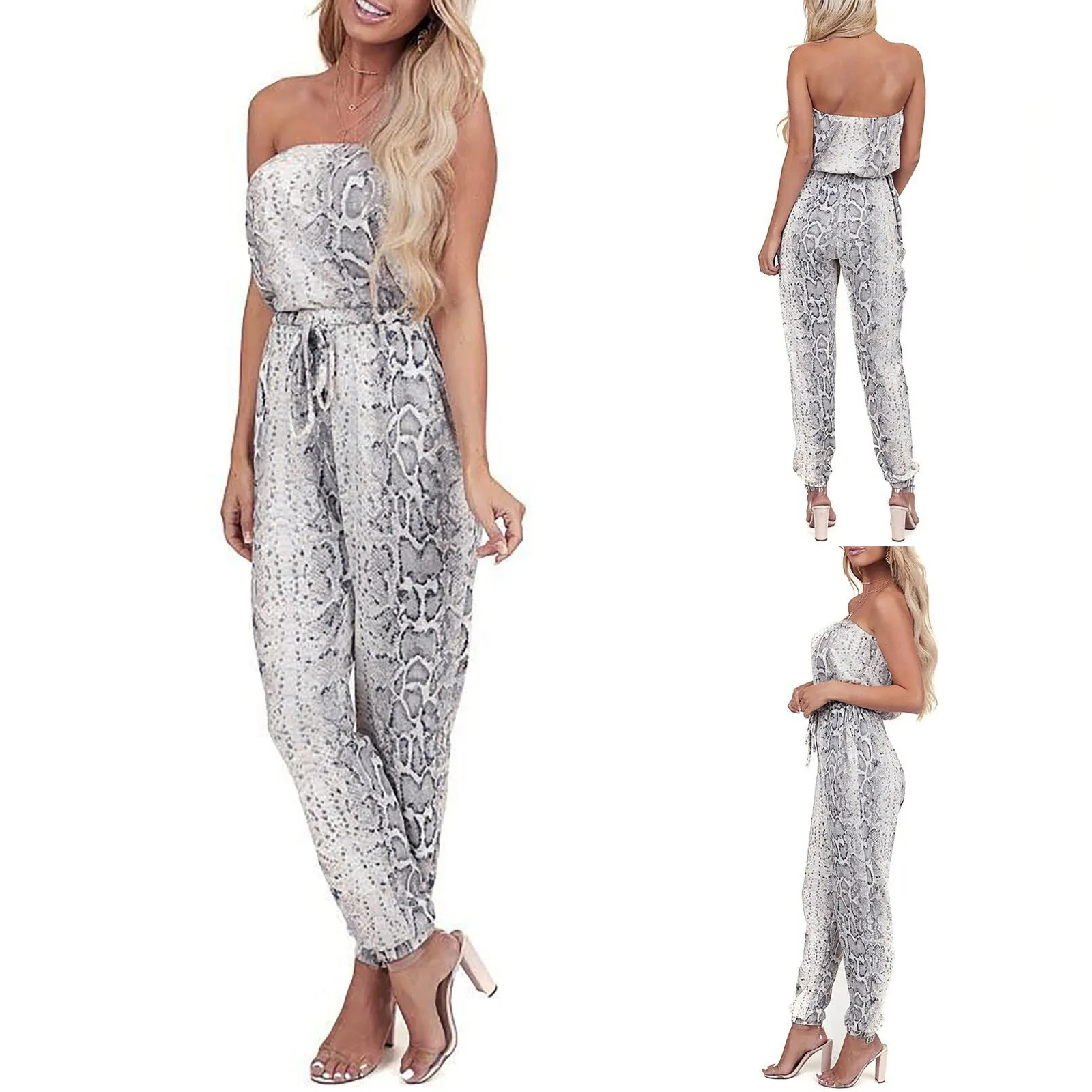 

Summer Women's Fashion Snakeskin Suspenders Wide Leg Jumpsuit
