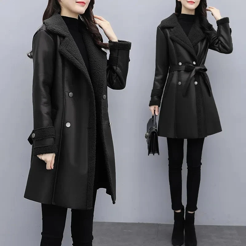 

New Winter Women Fur Leather Jacket Faux Lambwool Leather Coat Aviator Jacket Thick Warm Long Faux Leather Outwear Tops Feamle
