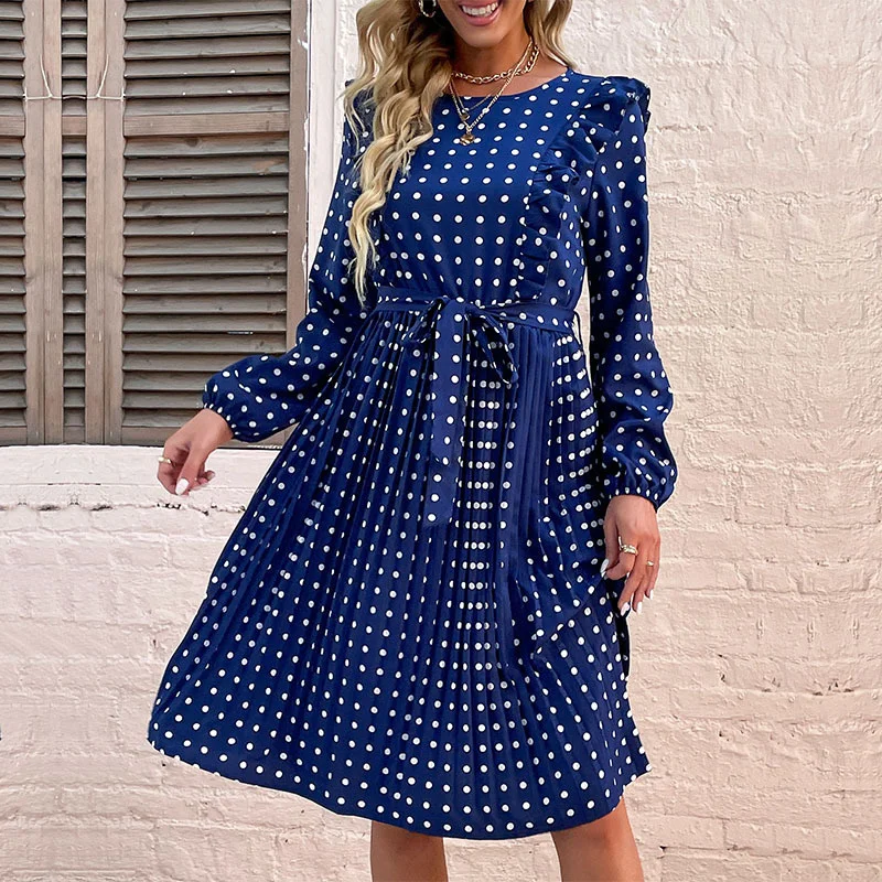 

2023 Spring Pleated Midi Dress Woman Elegant Bandage Ruffle Long Sleeve Party Dresses For Women Casual Blue Polka Dot Dress