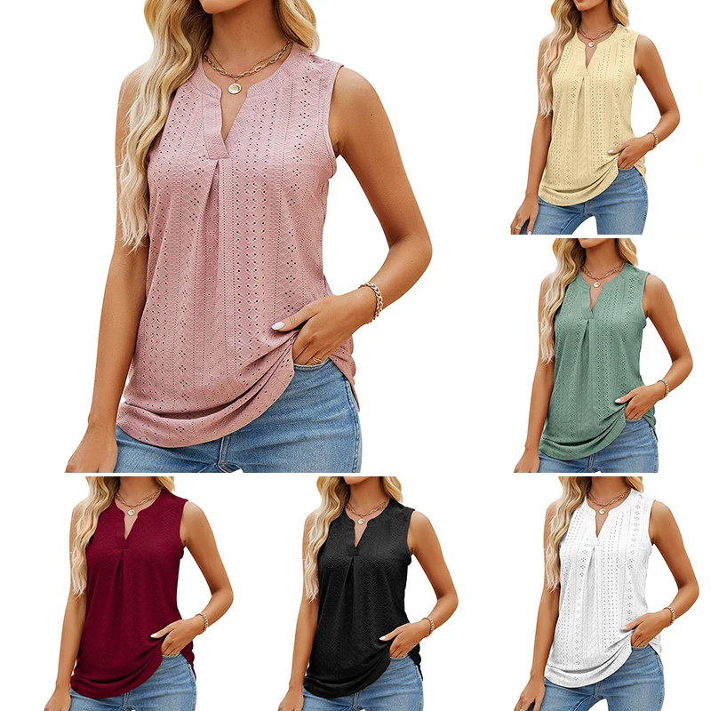 Women Slim V Neck Sleeveless T-shirt Hole Hollow Out Vest Solid Tank Tops Pleated Loose Streetwear Summer