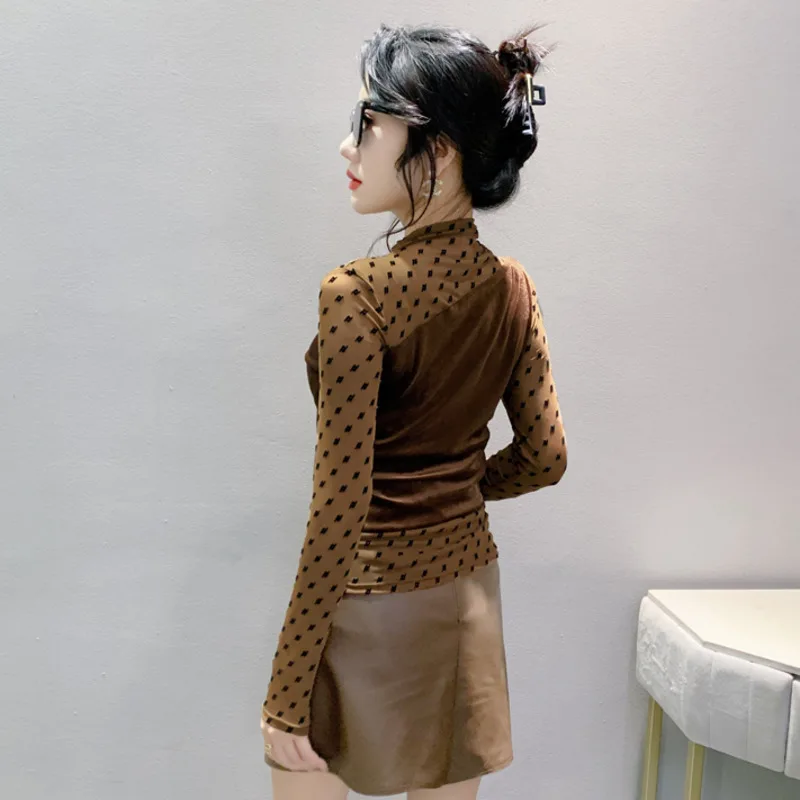 # 8992 Сетчатая велюровая футболка с длинным рукавом женская тонкая винтажная