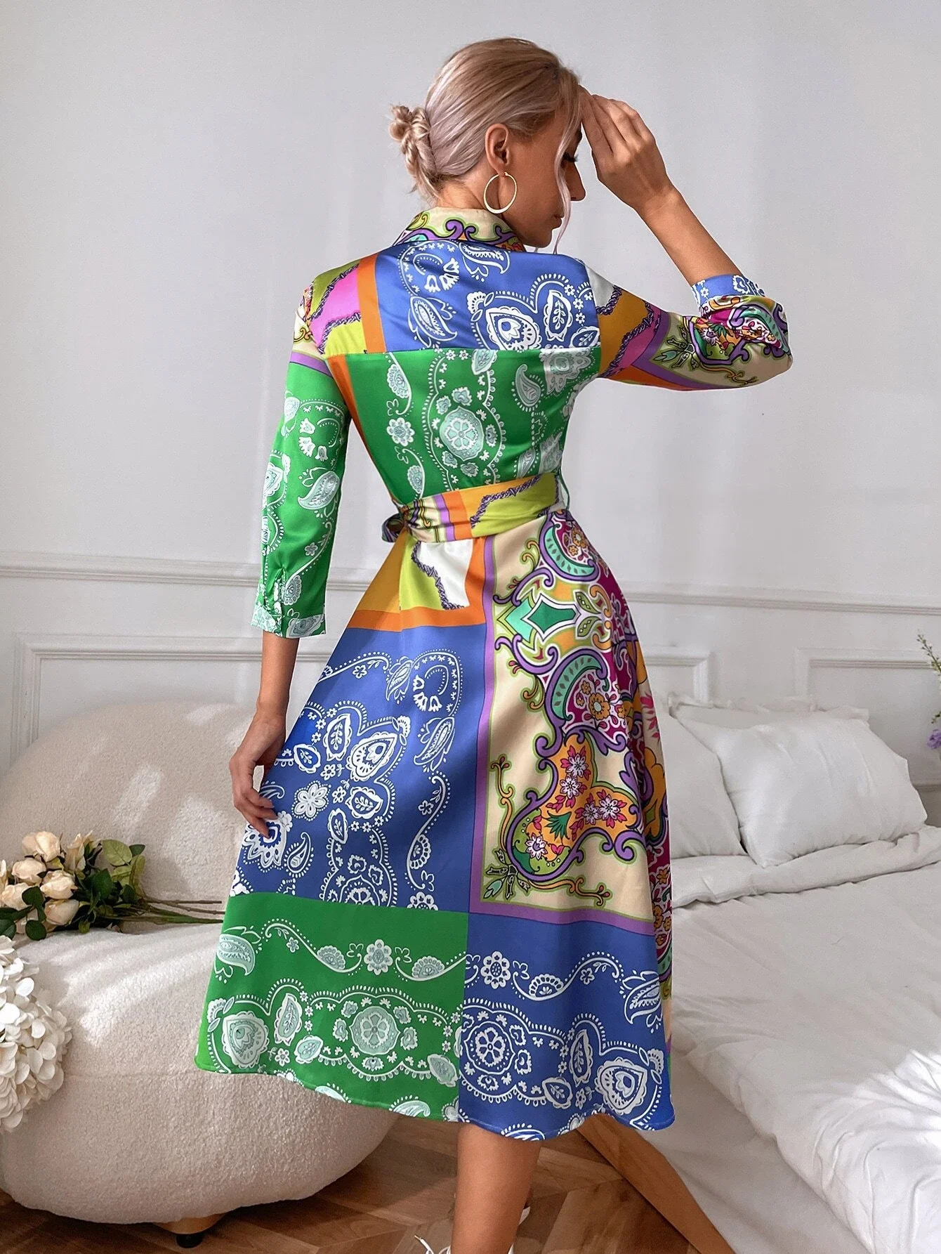 

y2kChiffon Long Sleeve Floral Print Dress Women 2022 Autumn Casual Deep V Neck Green Pleated Office Dresses For Women Robe Femme