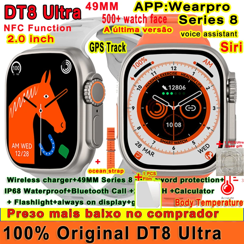 

Оригинальные Смарт-часы DT8 Ultra, 49 мм, серия 8, монитор температуры тела, NFC GPS-трекер, Siri, игра, Bluetooth, звонки, iwo, Смарт-часы