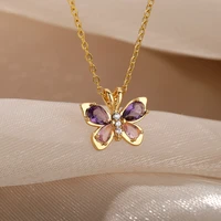 zircon crystal butterfly necklaces for women gold color stainless steel neck chain female pendant necklace jewelry collier femme