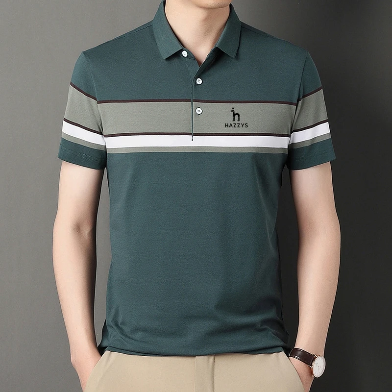 

HAZZYS New Arrival T Shirts for Men 2023 Summer Striped Print Business T-shirt Regular Short Sleeve Turn-Down Collar Men T Shirt