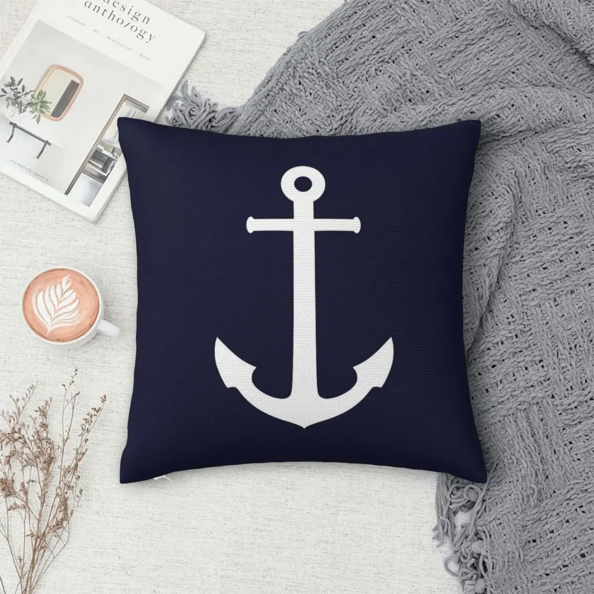 

White Anchor On Navy Blue Pillowcase Polyester Pillows Cover Cushion Comfort Throw Pillow Sofa Decorative Cushions Used for Home