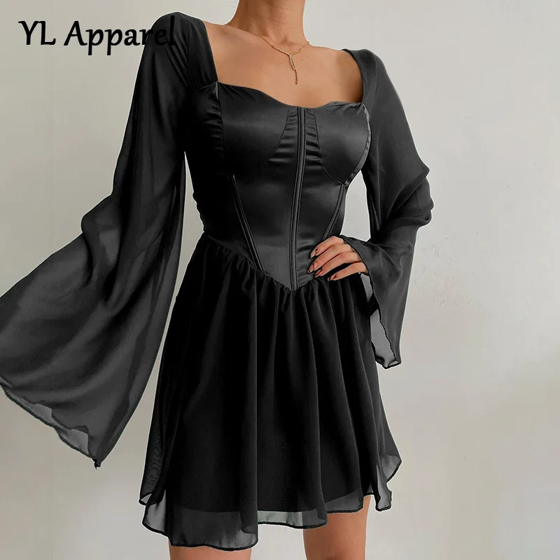 

2022 Spring Elegant Women Long Flare Sleeve A-line Tunic Mini Party Dresses Black White Sexy Square Collar Wedding Evening Dress